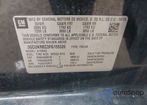 2015 Chevrolet Silverado 1500 2Lt из США, поврежденный, VIN 3GCUKREC3FG155326